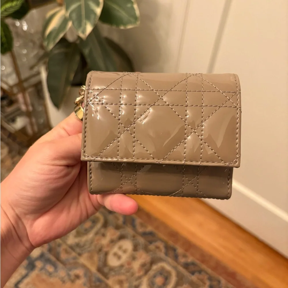 New Christian Dior Lotus Wallet, Taupe Patent